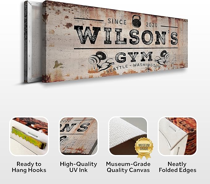 TAILORED CANVASES Personalized Gym Sign Wall Art Decor - Motivational Canvas s for Home Gym, Workout Room, Garage, Fitness Center - Workout Inspirational Posters - Kettlebell on Rustic, 48x16in