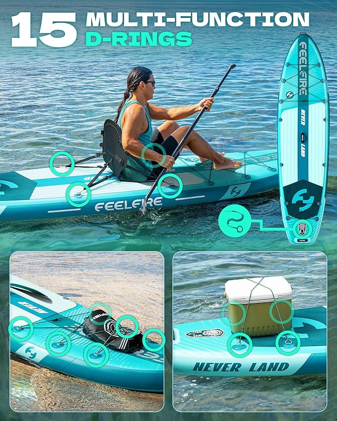 Feelfire11'x34โ Extra Wide Inflatable Paddleboard, Stand-up Paddle Board for Adults, 420lb Capacity for Yoga/Fishing/Family, EVA Deck, US Fin, High-Pressure Pump, Storage Backpack, Safety Leash