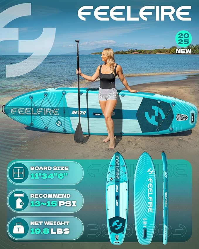 Feelfire11'x34โ Extra Wide Inflatable Paddleboard, Stand-up Paddle Board for Adults, 420lb Capacity for Yoga/Fishing/Family, EVA Deck, US Fin, High-Pressure Pump, Storage Backpack, Safety Leash