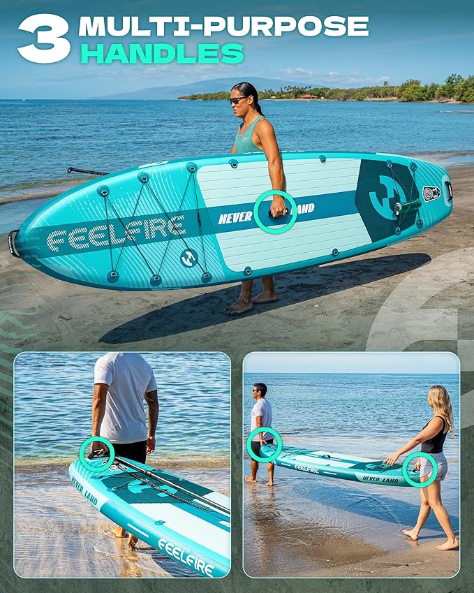 Feelfire11'x34โ Extra Wide Inflatable Paddleboard, Stand-up Paddle Board for Adults, 420lb Capacity for Yoga/Fishing/Family, EVA Deck, US Fin, High-Pressure Pump, Storage Backpack, Safety Leash