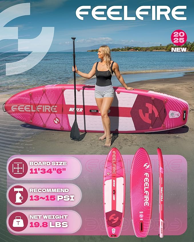 Feelfire11'x34โ Extra Wide Inflatable Paddleboard, Stand-up Paddle Board for Adults, 420lb Capacity for Yoga/Fishing/Family, EVA Deck, US Fin, High-Pressure Pump, Storage Backpack, Safety Leash