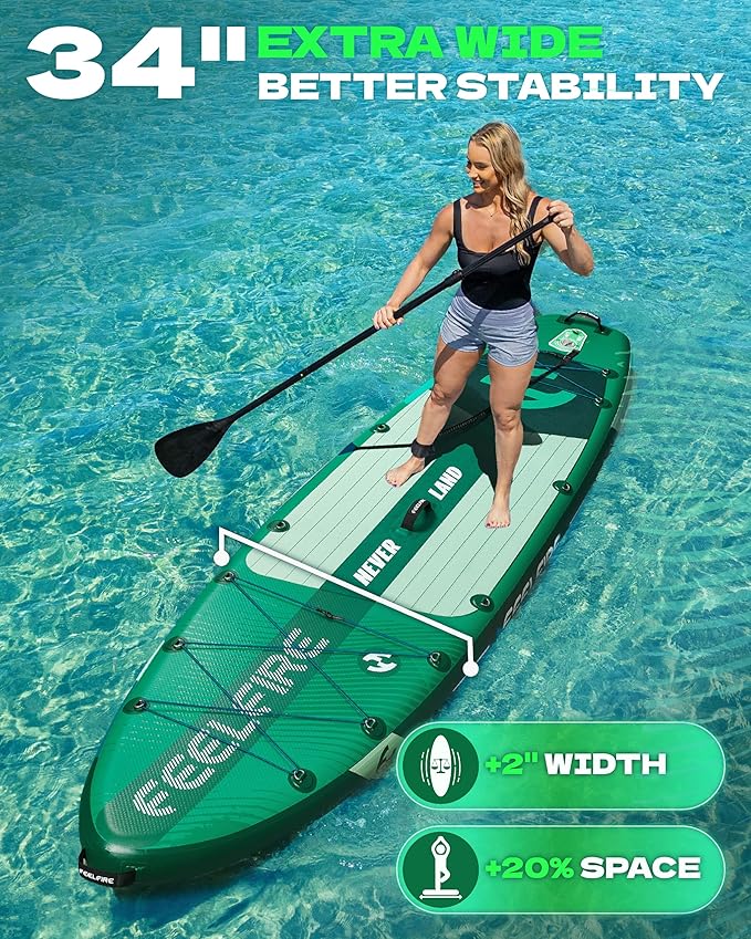 Feelfire11'x34โ Extra Wide Inflatable Paddleboard, Stand-up Paddle Board for Adults, 420lb Capacity for Yoga/Fishing/Family, EVA Deck, US Fin, High-Pressure Pump, Storage Backpack, Safety Leash