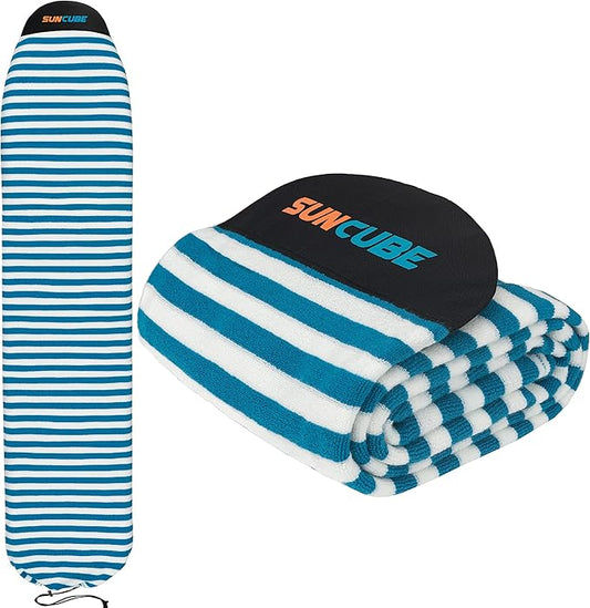 SUN CUBE Surfboard Sock Cover, Protective Surf Bag for Surfing Board, Light Stretchy Surfbag Sleeve for Longboard, Hybrid (8'6'', Black White)