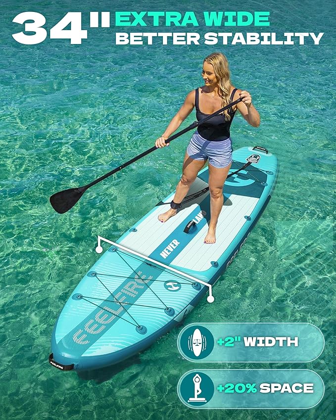 Feelfire11'x34โ Extra Wide Inflatable Paddleboard, Stand-up Paddle Board for Adults, 420lb Capacity for Yoga/Fishing/Family, EVA Deck, US Fin, High-Pressure Pump, Storage Backpack, Safety Leash