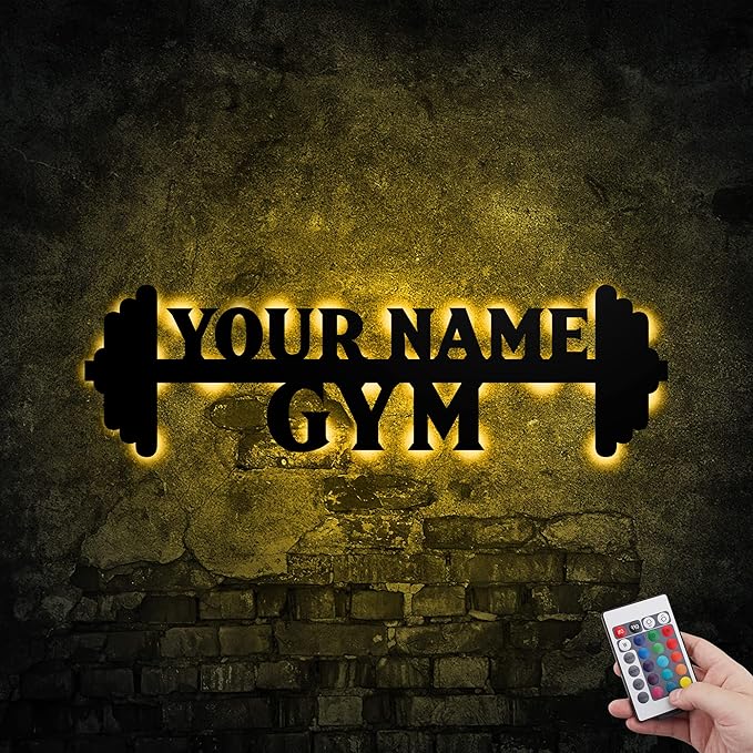 Personalized Home Gym LED Tin Metal Sign Multiple Sizes, Gym Sign Wall Decor, Exercise Workout Room Decor Fitness Center, Motivational Inspirational Hanging Wall Art Wall Plaque (02 w/lights)