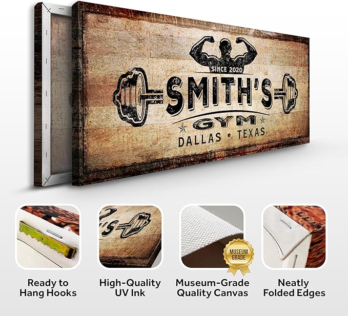 TAILORED CANVASES Personalized Gym Sign Wall Art Decor - Motivational Canvas s for Home Gym, Workout Room, Garage, Fitness Center - Workout Inspirational Posters - Gym Name on Rustic Copper, 48x24in