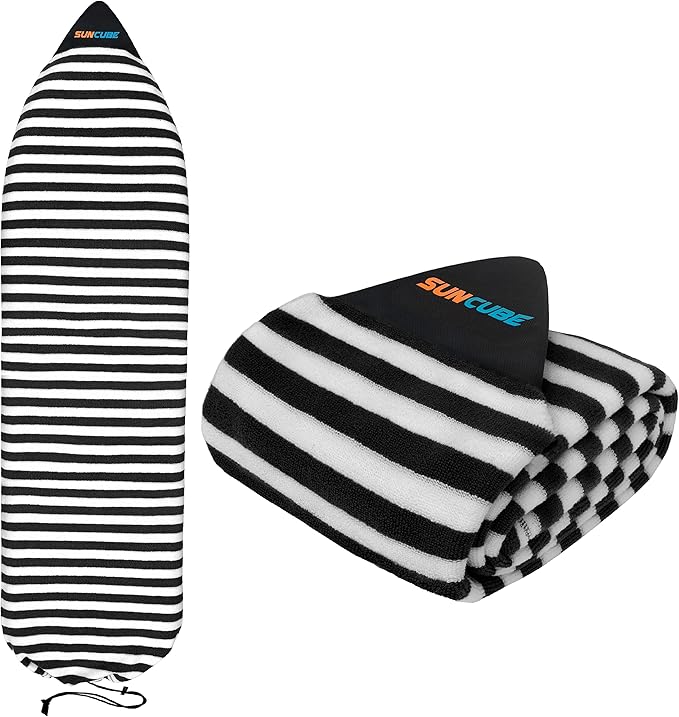 SUN CUBE Surfboard Sock Cover, Protective Surf Bag for Surfing Board, Light Stretchy Surfbag Sleeve for Longboard, Hybrid (8'6'', Black White)