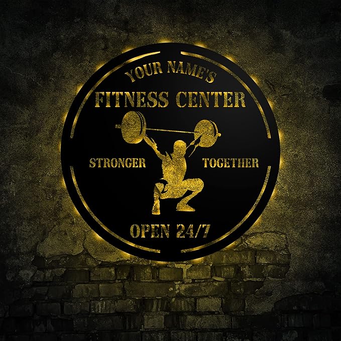 Personalized Home Gym LED Tin Metal Sign Multiple Sizes, Gym Sign Wall Decor, Exercise Workout Room Decor Fitness Center, Motivational Inspirational Hanging Wall Art Wall Plaque (04 w/lights)