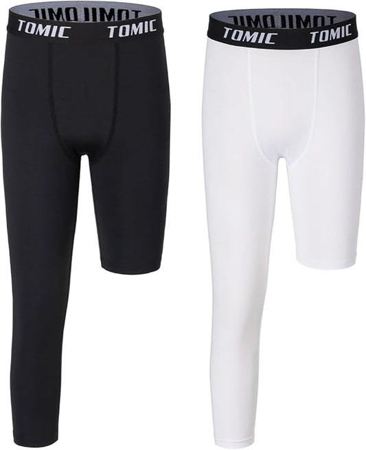 Tomic Youth Boys Kids One Leg 3/4 Leggings Compression Pants for Basketball Soccer Sports Athletic Training Tights Base Layer