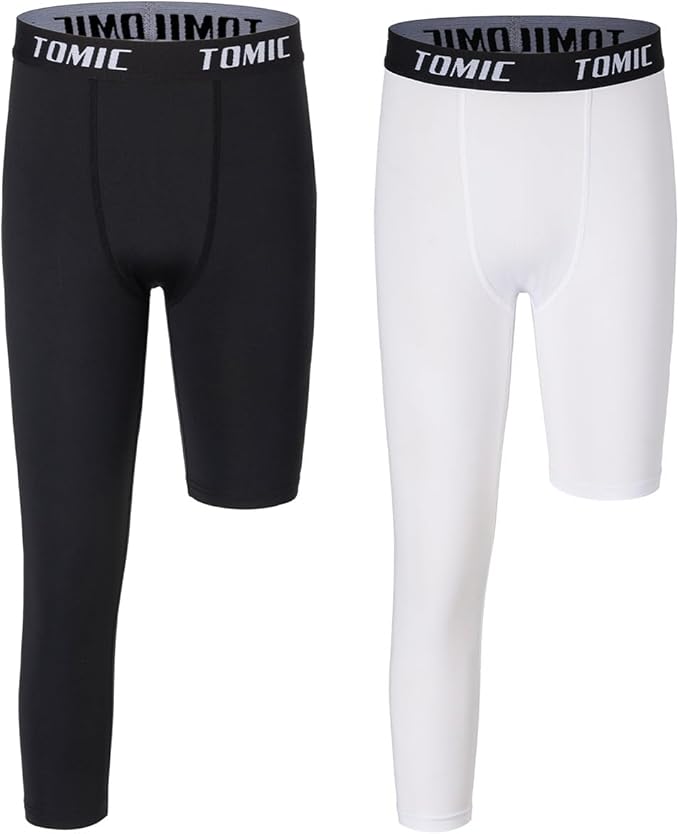 Tomic Youth Boys Kids One Leg 3/4 Leggings Compression Pants for Basketball Soccer Sports Athletic Training Tights Base Layer