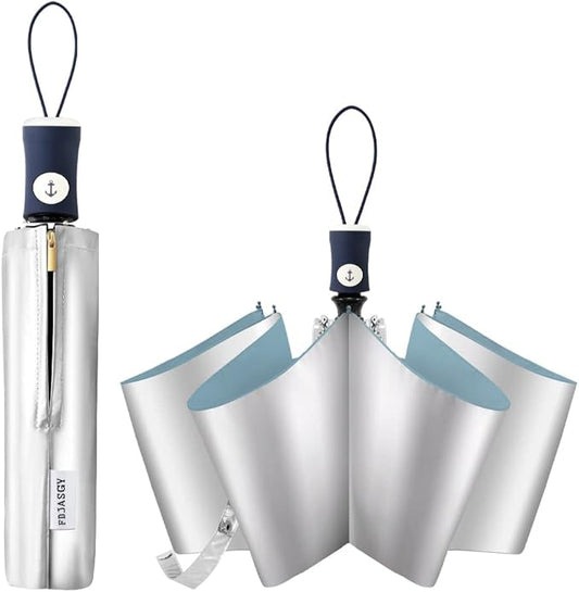 FDJASGY Silver Coating Layer Fabric Blocking UV 99.9% Sun Umbrella Compact Folding Travel Umbrella Automatic Folding Windproof Umbrellas For Men and Women (Blue)