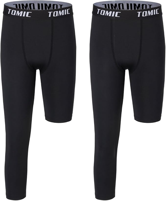 Tomic Youth Boys Kids One Leg 3/4 Leggings Compression Pants for Basketball Soccer Sports Athletic Training Tights Base Layer