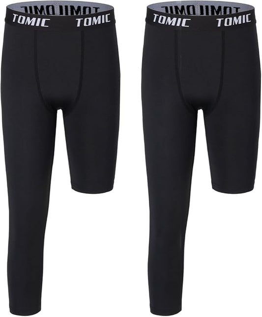 Tomic Youth Boys Kids One Leg 3/4 Leggings Compression Pants for Basketball Soccer Sports Athletic Training Tights Base Layer