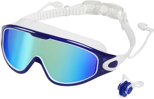 Swim Goggles for Adults, Wide View Anti-Fog & UV Swimming Goggles with Nose Clip & Ear Plugs, No Leak