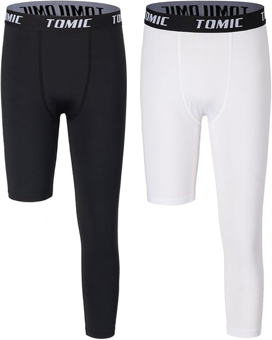 Tomic Youth Boys Kids One Leg 3/4 Leggings Compression Pants for Basketball Soccer Sports Athletic Training Tights Base Layer