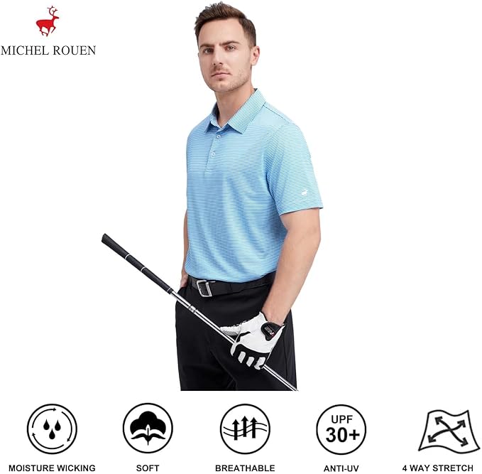 Mens Golf Shirt Moisture Wicking Dry Fit Performance Sport Short Sleeve Striped Golf Polo Shirts for Men