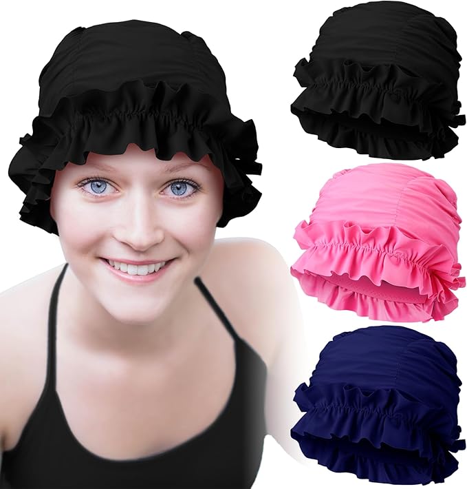 Soulchen 3 Pcs Swim Cap Women Adult with Ruffled Edges Nylon Cloth Swimming Cap for Women Bathing Hats Swim Turban Waterproof Swimming Hat