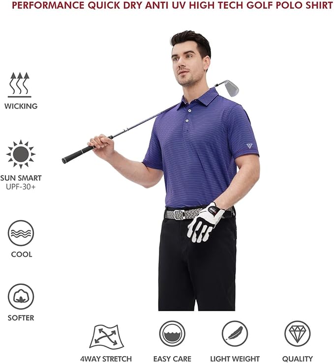 Men's Golf Polo Shirts Short Sleeve Striped Performance Moisture Wicking Dry Fit Golf Shirts for Men