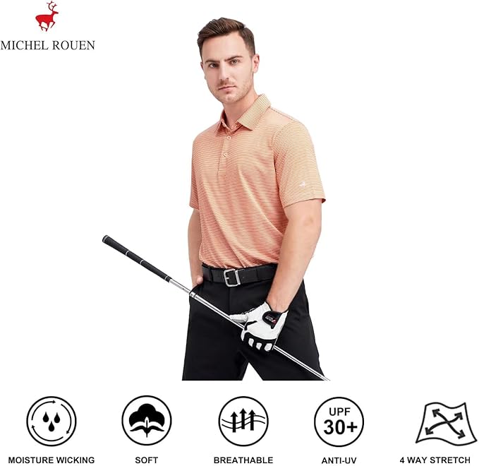 Mens Golf Shirt Moisture Wicking Dry Fit Performance Sport Short Sleeve Striped Golf Polo Shirts for Men