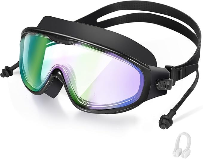 Adult Swimming Goggles,Leak-Proof,Anti-Fog Pool Glasses,Wide View Swim Goggles with Ear Plugs and Nose Clip