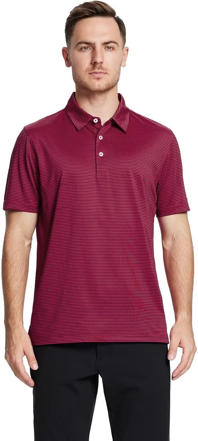 Men's Golf Polo Shirts Short Sleeve Striped Performance Moisture Wicking Dry Fit Golf Shirts for Men