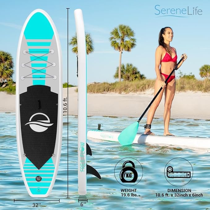 SereneLife Inflatable Stand Up Paddle Board with Premium SUP Accessories – Wide Stable Design with Non-Slip EVA Deck Pad for Adults and Youth of All Skill Levels