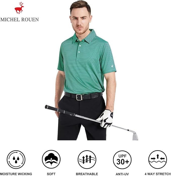 Mens Golf Shirt Moisture Wicking Dry Fit Performance Sport Short Sleeve Striped Golf Polo Shirts for Men