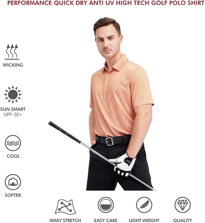 Men's Golf Polo Shirts Short Sleeve Striped Performance Moisture Wicking Dry Fit Golf Shirts for Men