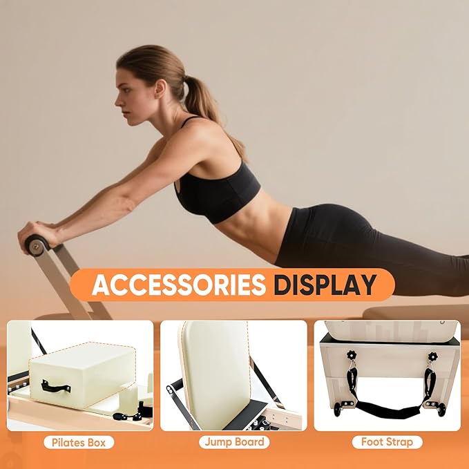 Professional Pilates Reformer Machine with Jumpboard, Reformer Box & Foot Straps – Studio-Grade Wood Frame Equipment for Home Workouts, Adjustable Resistance & Smooth Glide System