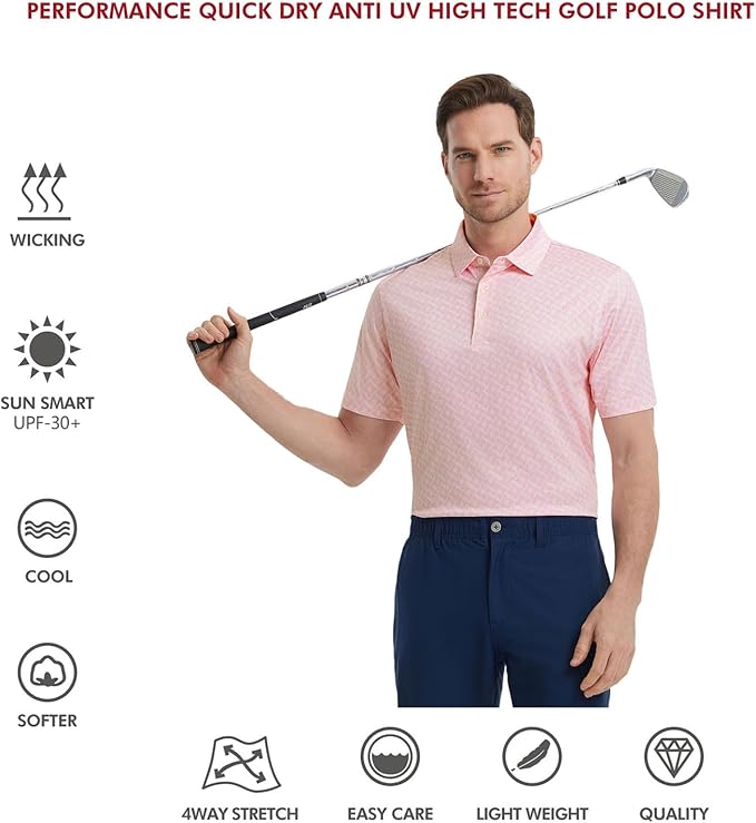 Men's Golf Polo Shirts Short Sleeve Striped Performance Moisture Wicking Dry Fit Golf Shirts for Men