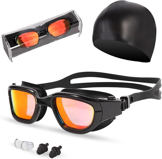 Swim Goggles, Goggles Adult with Swimming Cap, Nose Clip & Ear Plugs, UV Protection Anti-Fog Lens and Case for Adult