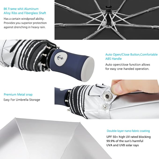 FDJASGY Silver Coating Layer Fabric Blocking UV 99.9% Sun Umbrella Compact Folding Travel Umbrella Automatic Folding Windproof Umbrellas For Men and Women (Black)