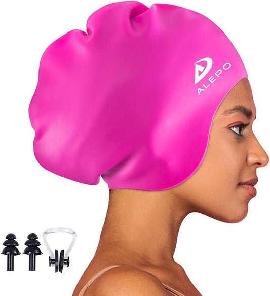 Alepo Extra Large Swim Cap for Women Men, Durable Silicone Swimming Hat with Ear Protection, Unisex Adults Bath Swimming Caps for Long Thick Curly Hair & Dreadlocks Braids Weaves Afro Hair