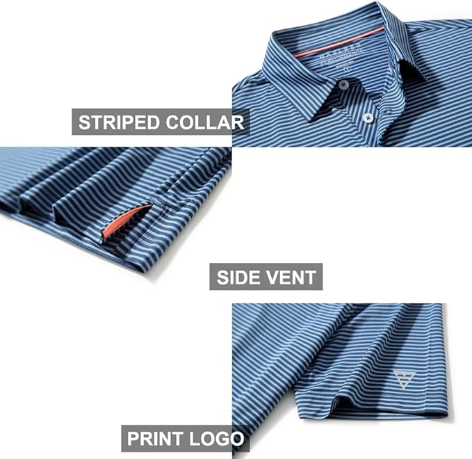 Men's Golf Polo Shirts Short Sleeve Striped Performance Moisture Wicking Dry Fit Golf Shirts for Men