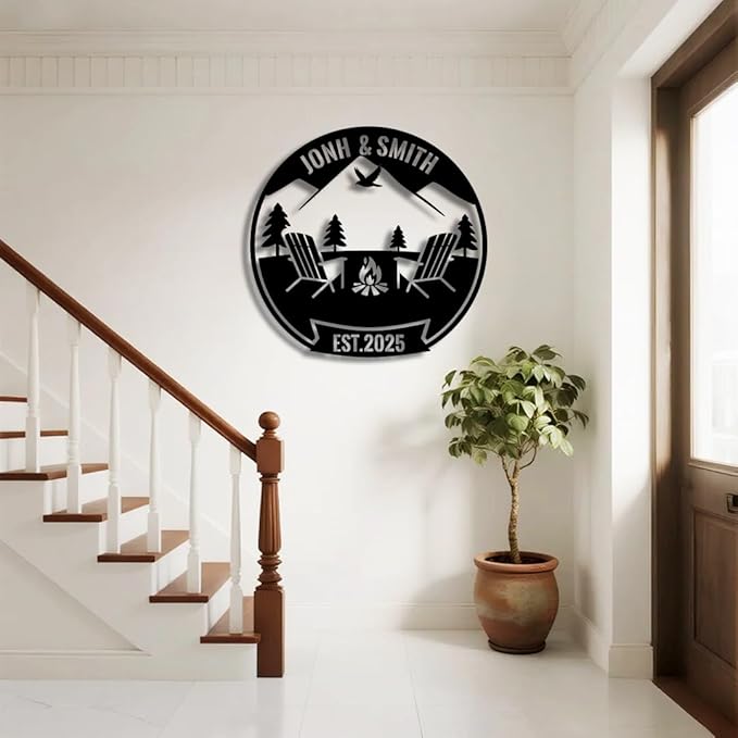 Personalized Campfire Metal Name Sign | Custom Camping Metal Signs | Family Wall Art & Split Letter Name | Wedding Gift & Anniversary | Indoor Decor Gift for Women, Men, Wife, Parents, Couple