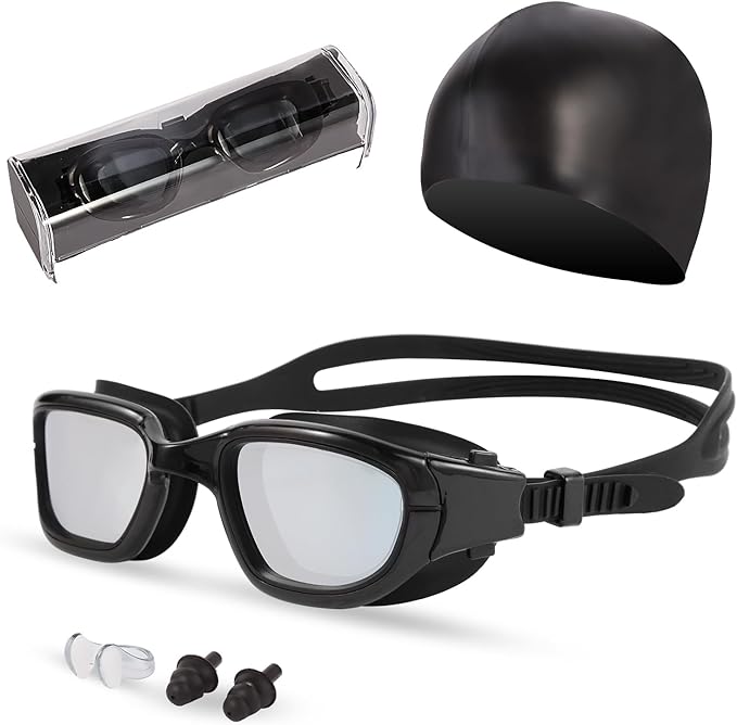 Swim Goggles, Goggles Adult with Swimming Cap, Nose Clip & Ear Plugs, UV Protection Anti-Fog Lens and Case for Adult