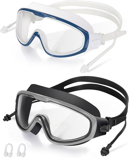 Adult Swimming Goggles,Leak-Proof,Anti-Fog Pool Glasses,Wide View Swim Goggles with Ear Plugs and Nose Clip