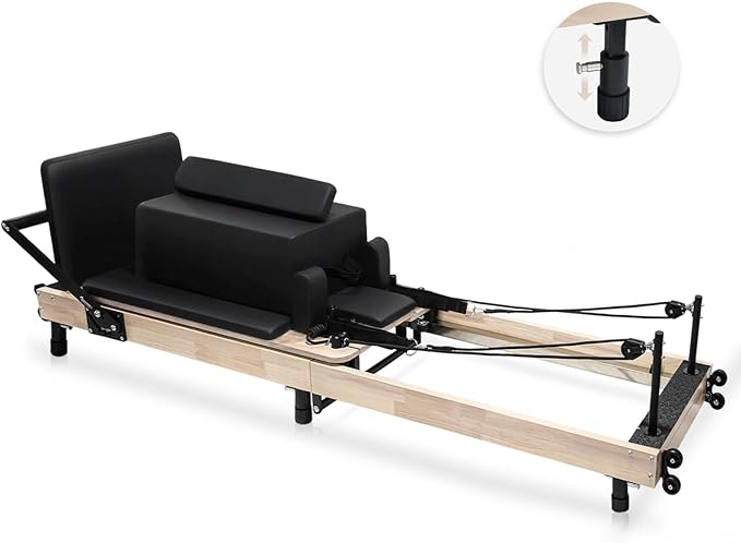 Pilates Reformer with Adjustable Height, Wooden Foldable Pilates Reformer Machine, Pilates Machine for Home Use and Studio, Pilates Equipment with Sitting Box, Jump Board and Accessories