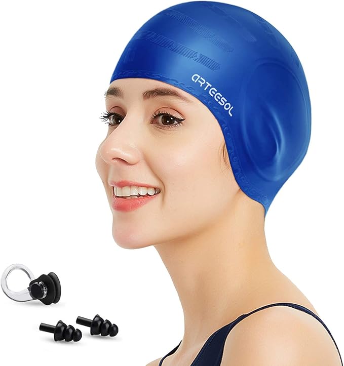 Swimming Cap, Silicone Swim Cap for Women Men, Durable Non-Slip Waterproof Swim Cap Protect Ears, Long Hair for Adults, Older Kids