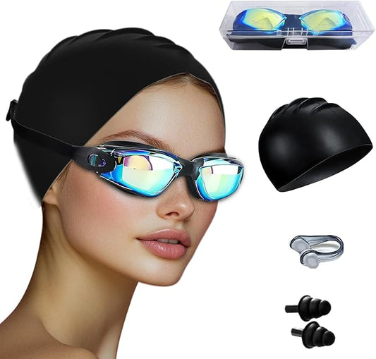 Swim Goggles Swimming Goggles No Leaking with Nose Clip, Earplugs, Swim Cap and Case for Men Women