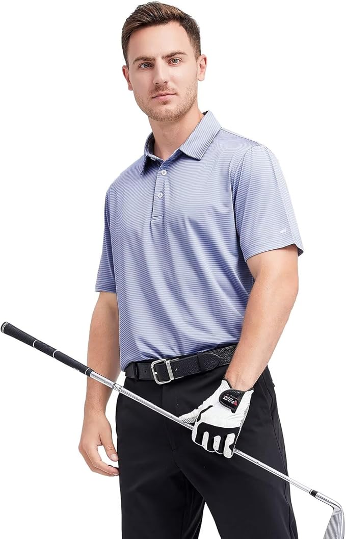 Mens Golf Shirt Moisture Wicking Dry Fit Performance Sport Short Sleeve Striped Golf Polo Shirts for Men