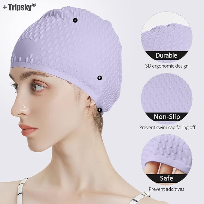 Tripsky Silicone Swim Cap,Comfortable Bathing Cap Ideal for Curly Short Medium Long Hair, Swimming Cap for Women and Men, Shower Caps Keep Hairstyle Unchanged…