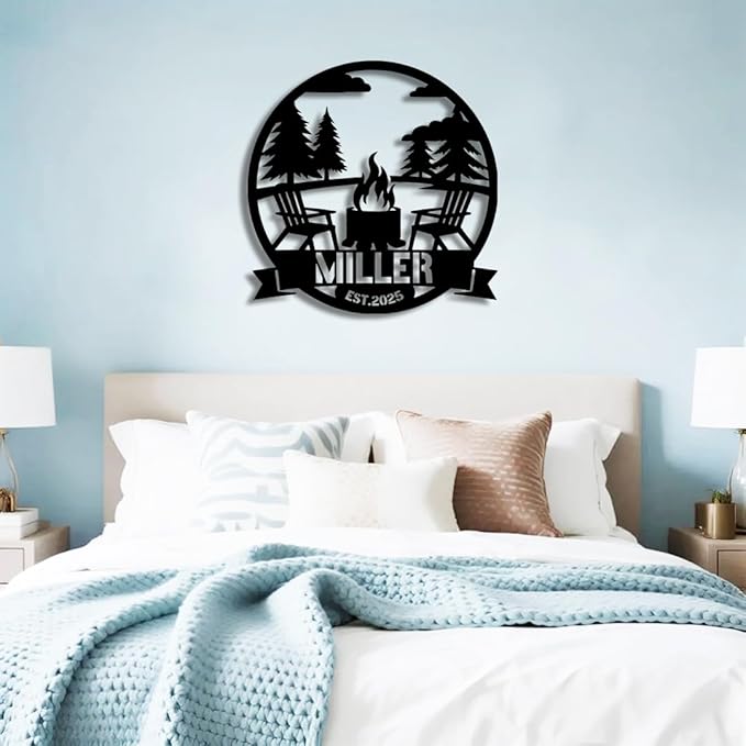 Personalized Campfire Metal Name Sign | Custom Camping Metal Signs | Family Wall Art & Split Letter Name | Wedding Gift & Anniversary | Indoor Decor Gift for Women, Men, Wife, Parents, Couple