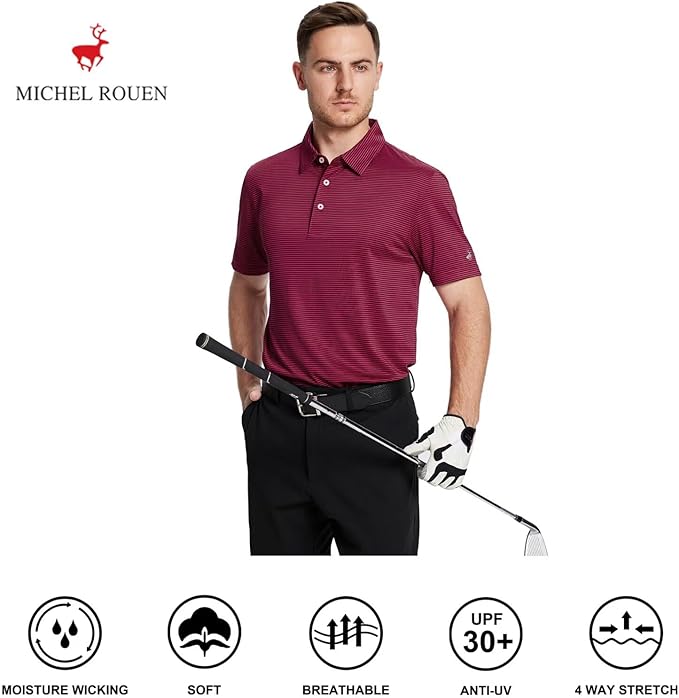 Mens Golf Shirt Moisture Wicking Dry Fit Performance Sport Short Sleeve Striped Golf Polo Shirts for Men