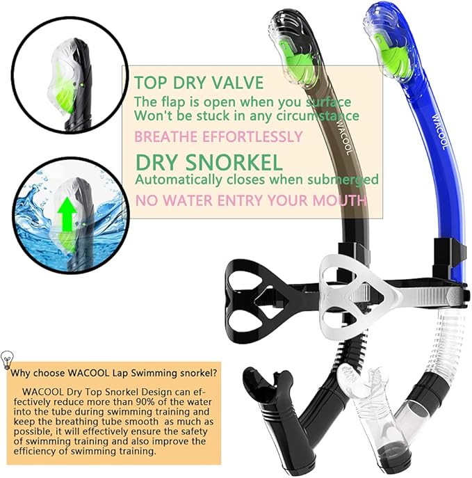 WACOOL Training Headstrap Support Dry Top Snorkel Tube Comfortable Mouthpiece One-Way Purge Valve for Pool Open Water Scuba Lap Swimming Swimmer Diving Snorkeling