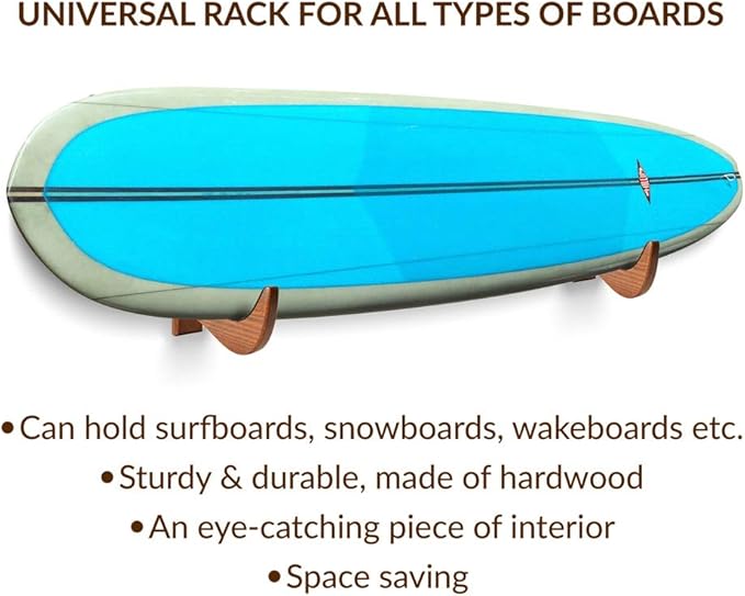 TESLYAR Surfboard Wall Mount – Wooden Surfboard Rack for Wall Storage – Solid Wood Hooks for Surfboard, Snowboard, Paddle Board & Wakeboard – Wave Style