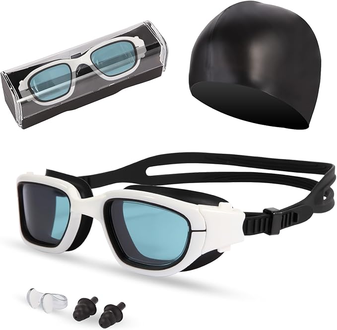 Swim Goggles, Goggles Adult with Swimming Cap, Nose Clip & Ear Plugs, UV Protection Anti-Fog Lens and Case for Adult