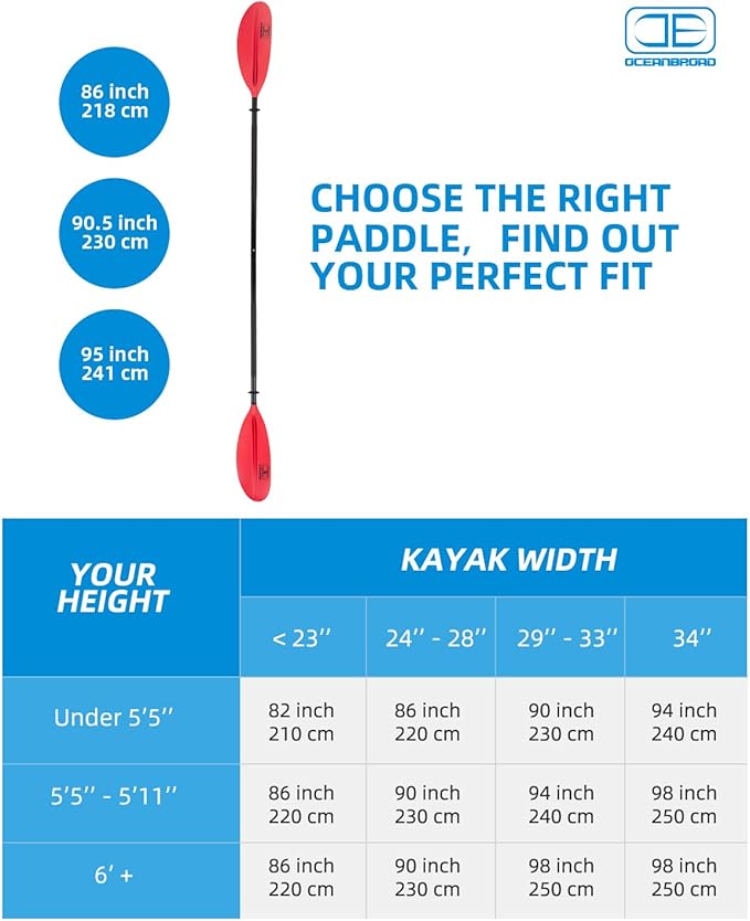 OCEANBROAD Kayak Paddle 86in/218cm, 90.5in/230cm, 95in/241cm Alloy Shaft Kayaking Boating Canoeing Oar with Paddle Leash