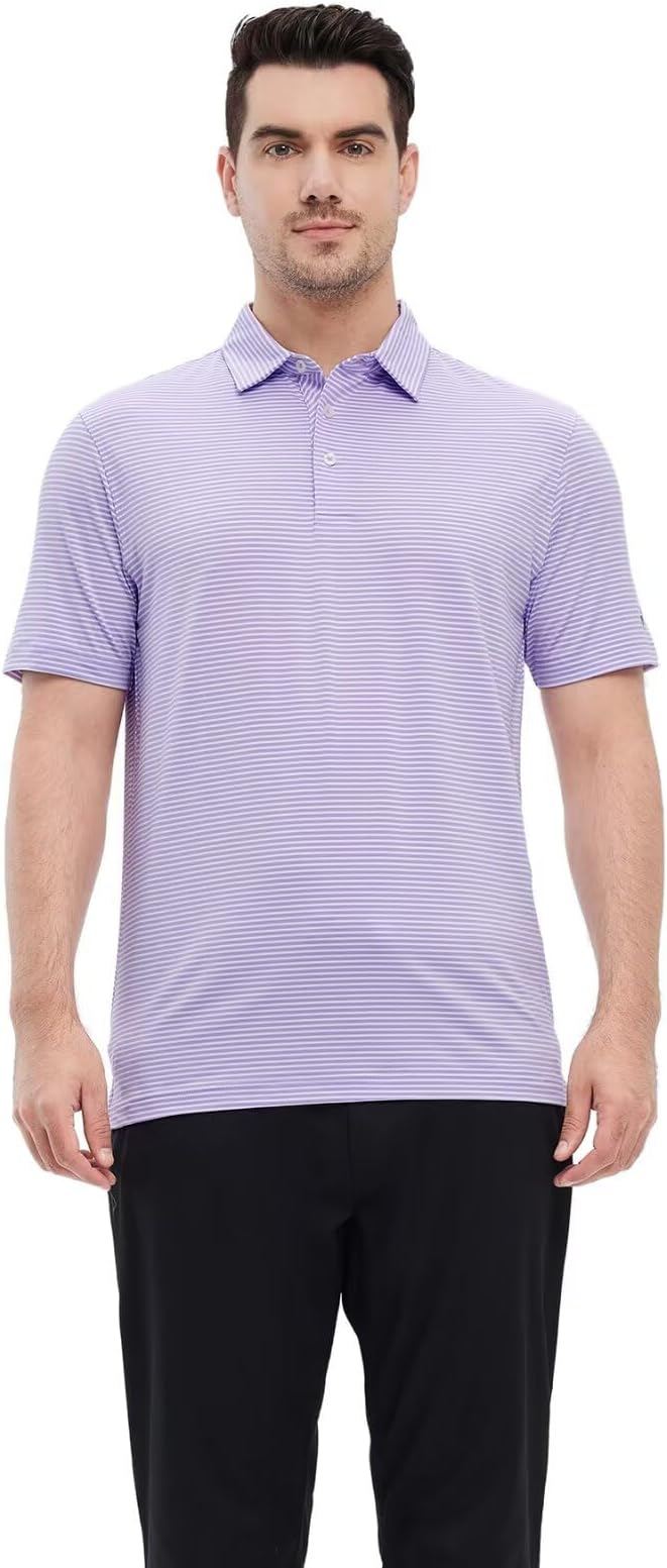 Mens Golf Shirt Moisture Wicking Dry Fit Performance Sport Short Sleeve Striped Golf Polo Shirts for Men