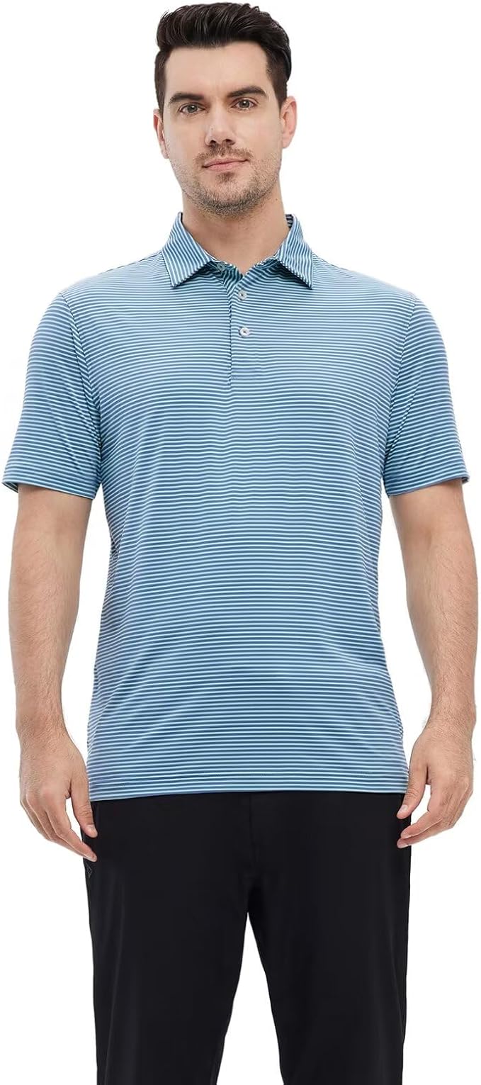 Men's Golf Polo Shirts Short Sleeve Striped Performance Moisture Wicking Dry Fit Golf Shirts for Men